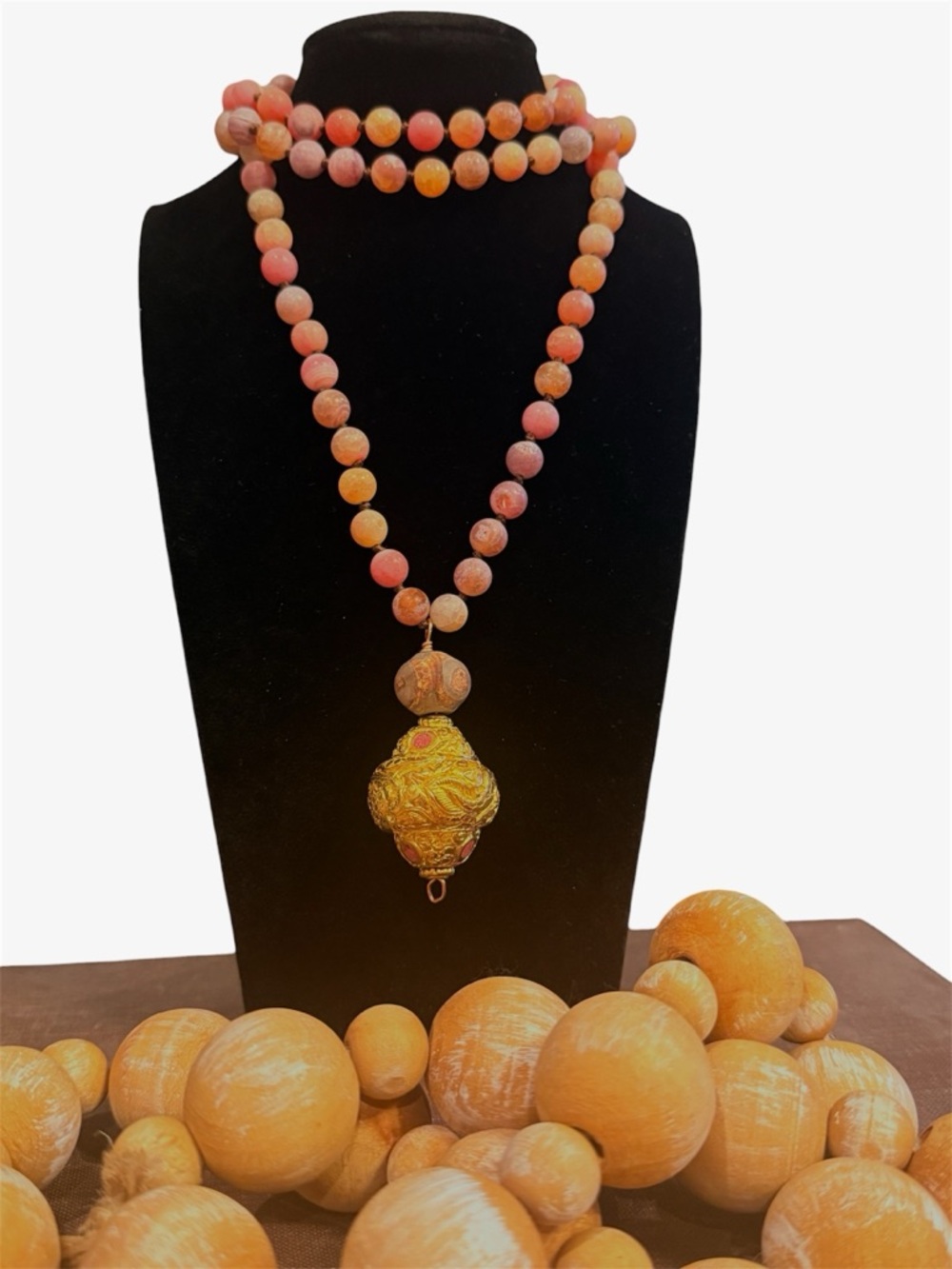 Boho Beaded Agate with Tibetan Gold-Tone Filigree Pendant